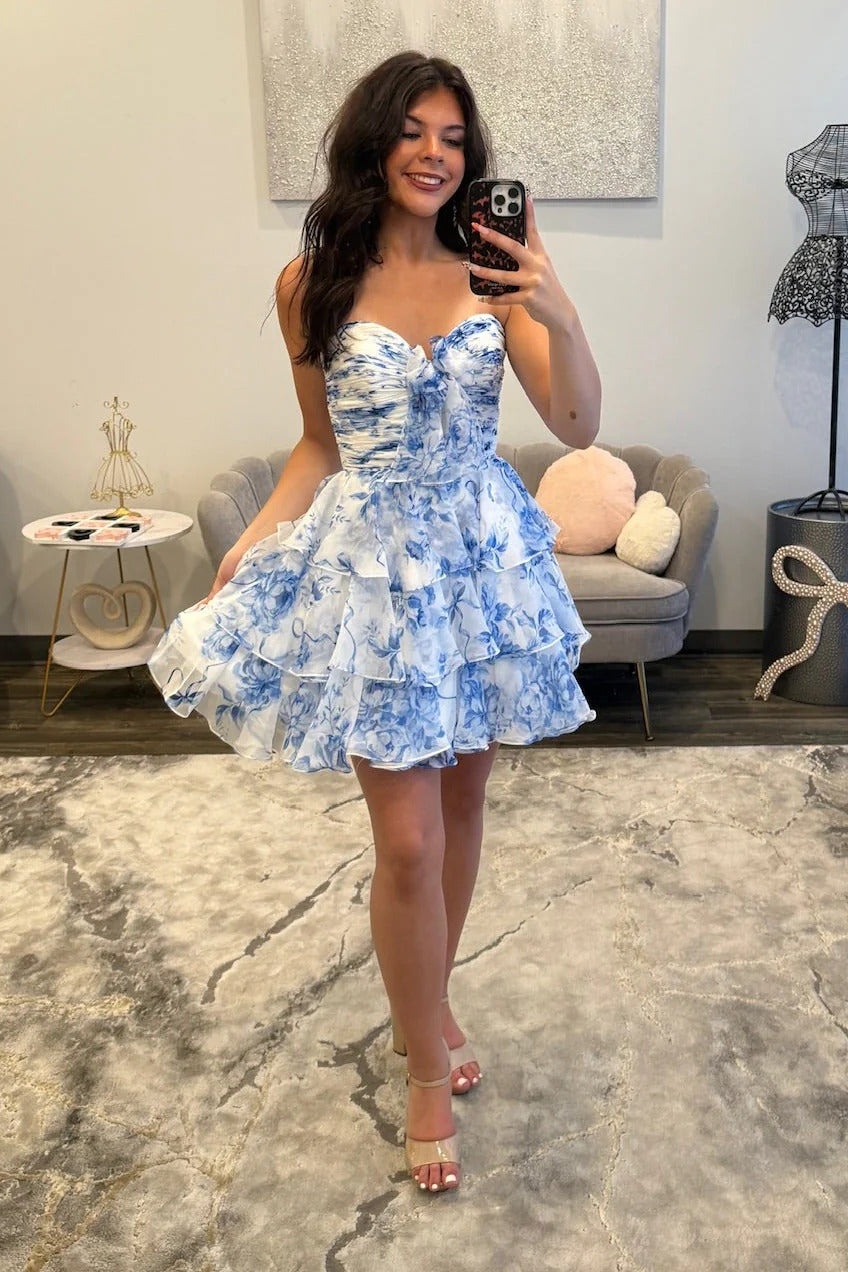 Blue Strapless Ruffles Chiffon A-Line Short Homecoming Dress