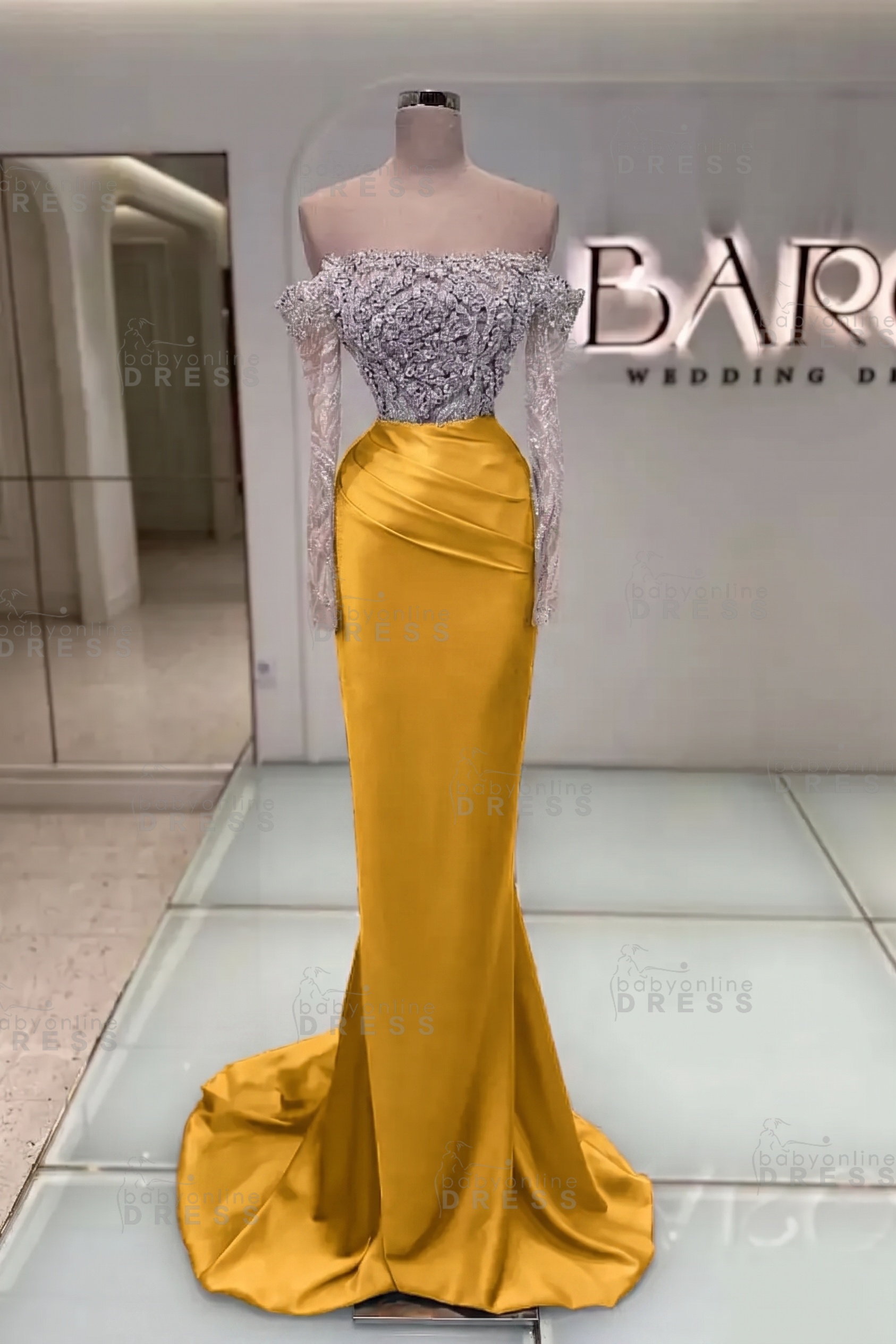 Off-the-Shoulder Ruffles Satin Mermaid Prom Dress Beadings with Sleeves