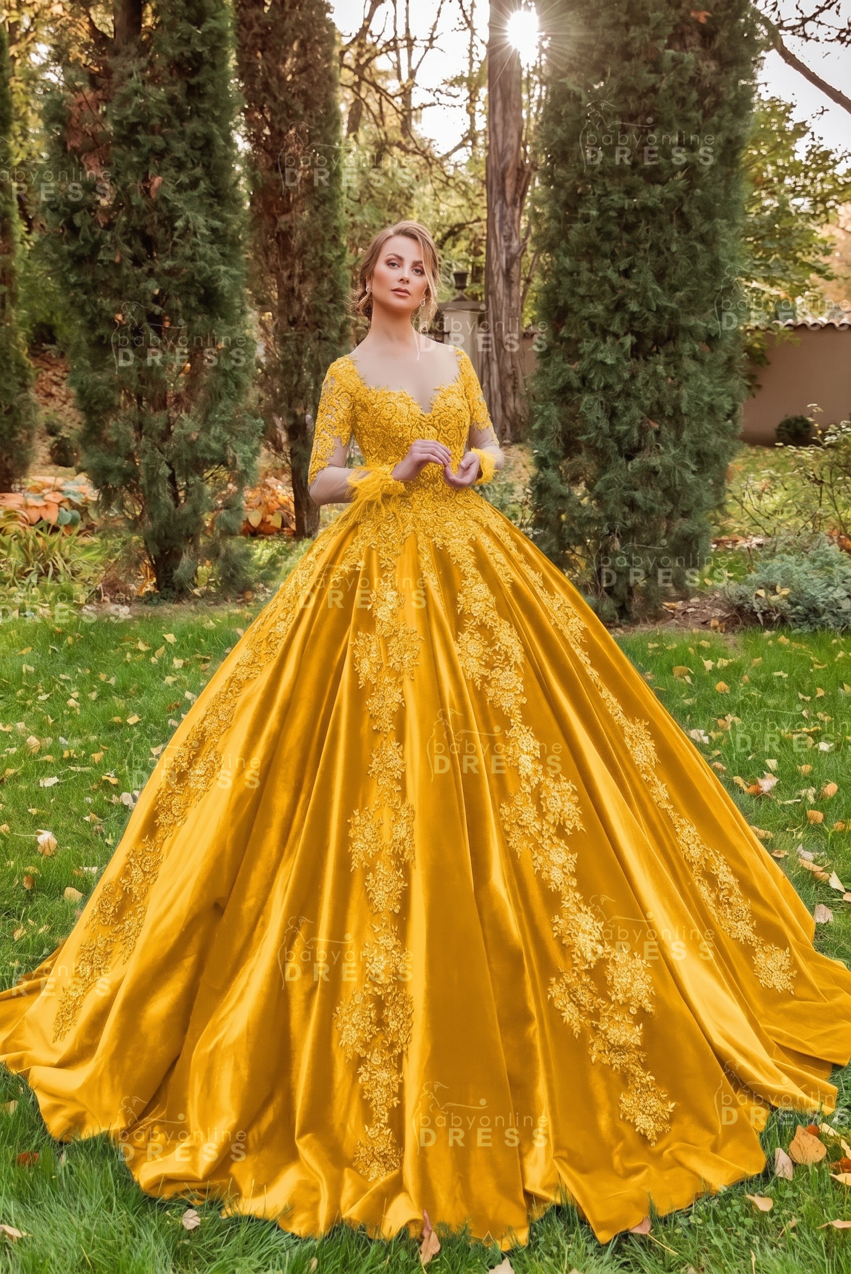 Gorgeous Long Sleeves Velvet Ball Gown with 3D Floral Appliques