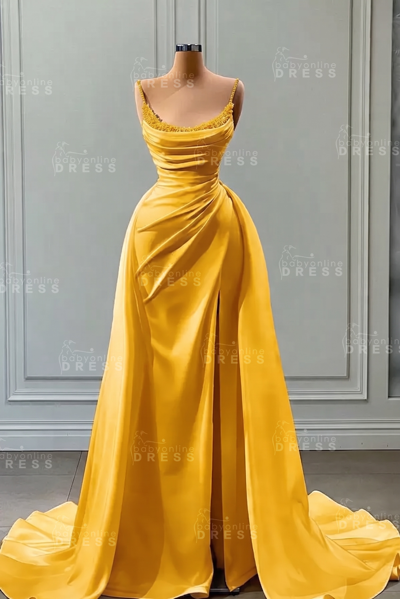 White Spaghetti Straps Satin Mermaid Prom Dress with High Split