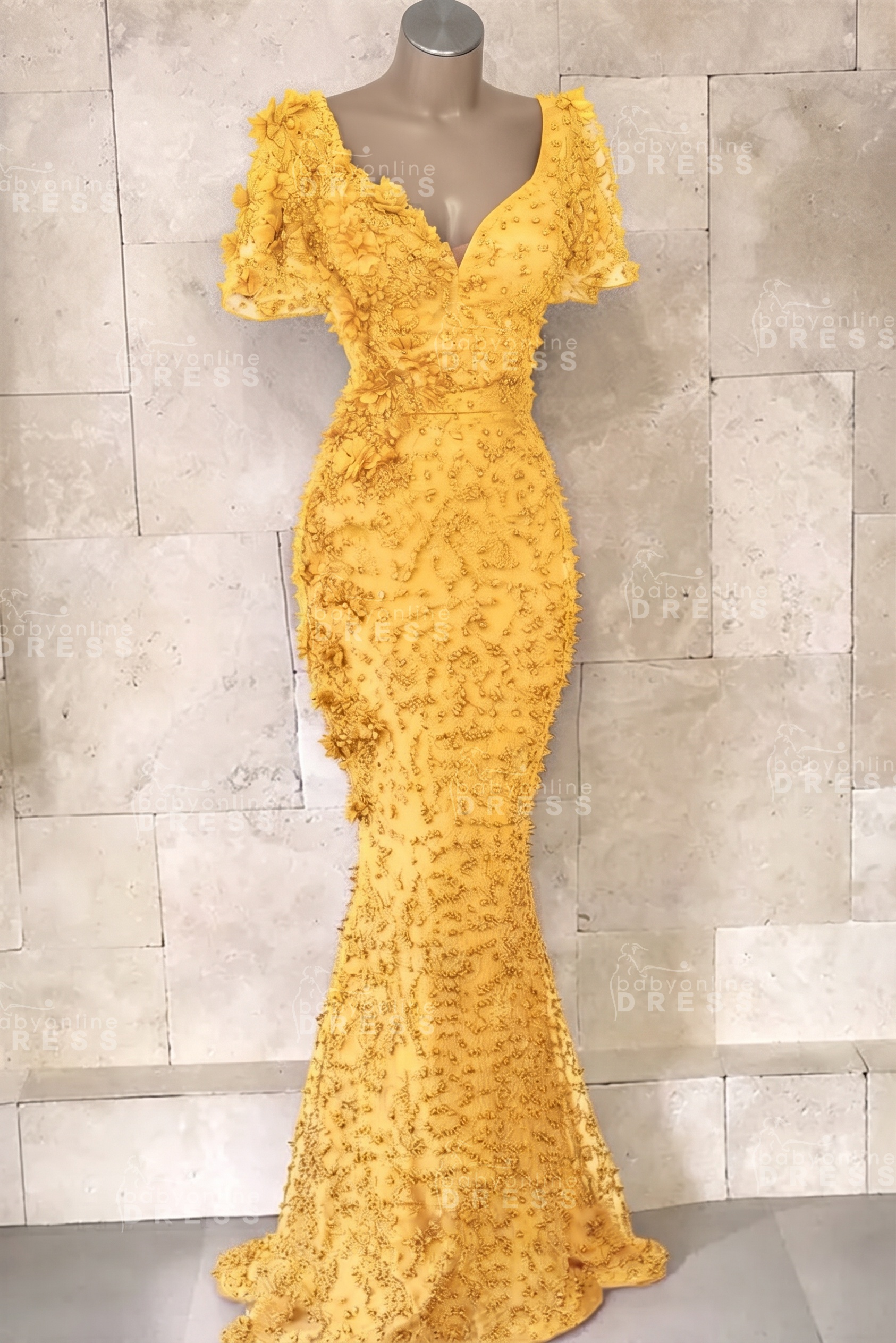 Glamorous V-Neck Short Sleeves Beading Flower Mermaid Floor-Length Prom Dresses