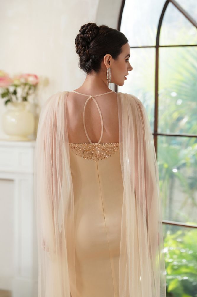 Charming Scoop Neck Beadings Mermaid Evening Dress with Cape Side Split Floor Length Prom Dress