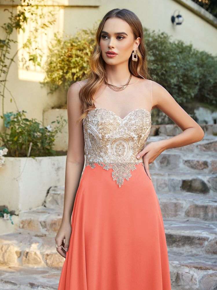 Sleeveless Lace Appliques Long Prom Dresses Chiffon Evening Party Gown
