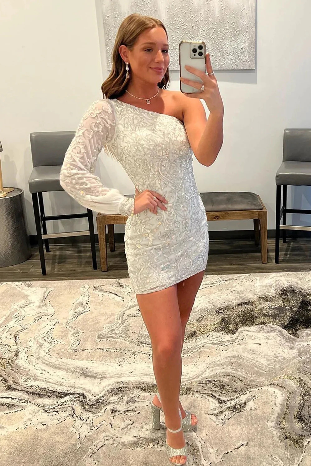 White Beaded Sequins One Shoulder Tight Homecoming Dress
