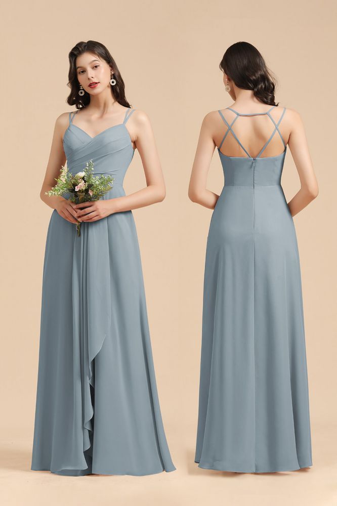 Elegant Ruched Chiffon Bridesmaid Dress Dusty Blue V-Neck Wedding Guest Dress