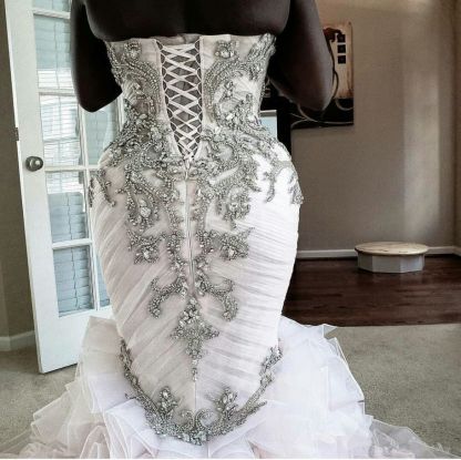 Plus Size Mermaid Crystal Lace Beads Sweetheart Long Train African Custom Made Ruffles Wedding Dresses-Babyonlinewholesale