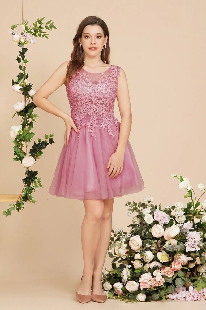 Dusty pink Round neck knee length Tulle homecoming dress