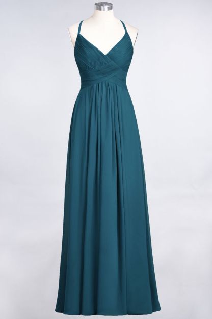 Chiffon A-Line Spaghetti-Straps V-Neck Sleeveless Long Bridesmaid Dress with Ruffles
