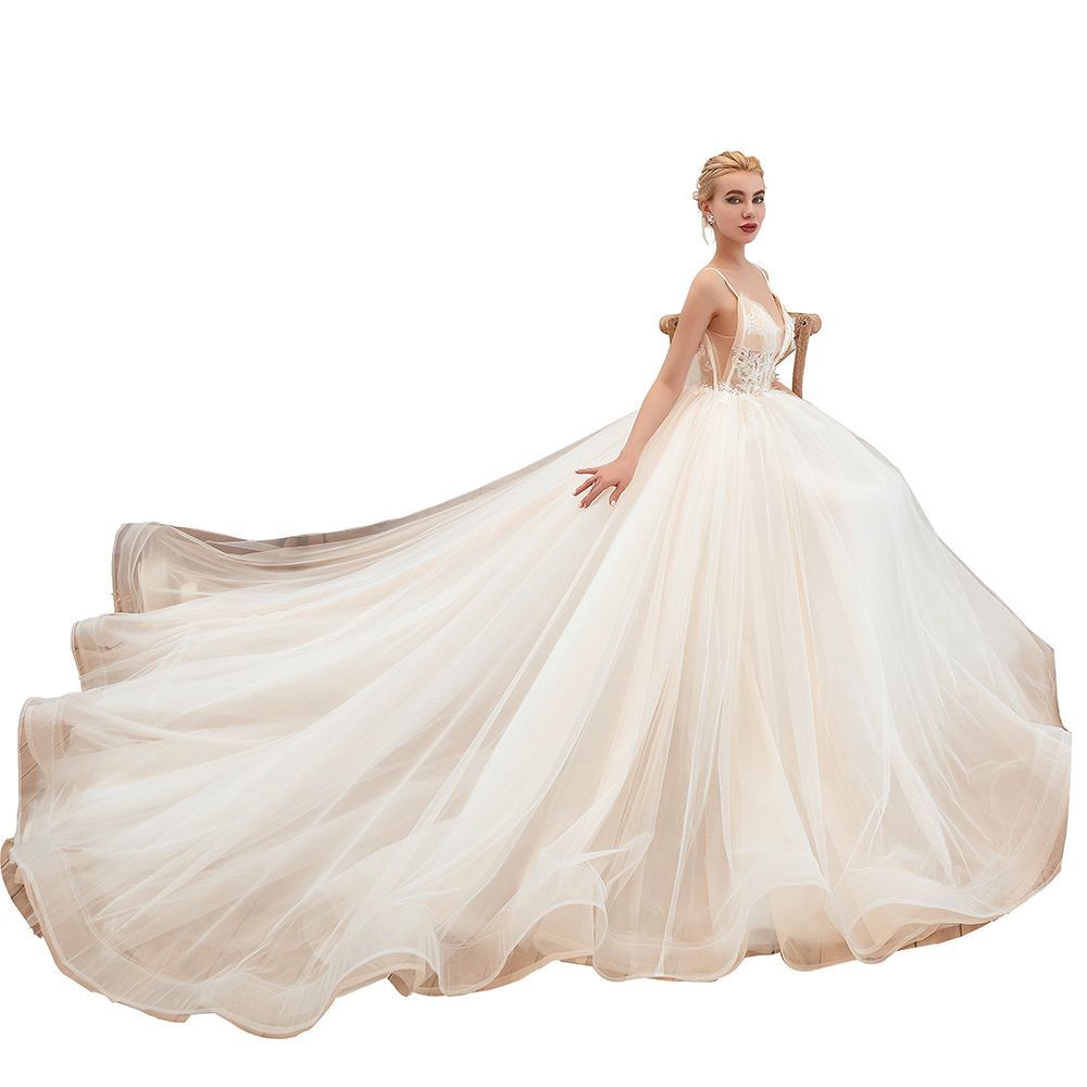 Boho Spaghetti Straps Ivory Ball Gown Wedding Dress | Romantic Bridal Gowns for Sale