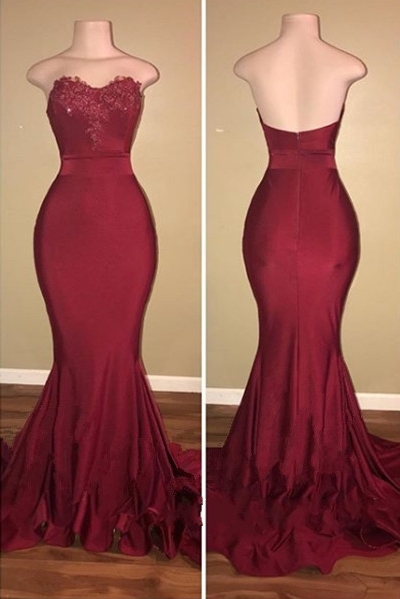 Classic Strapless Appliqued Sweep Train Mermaid Prom Dresses