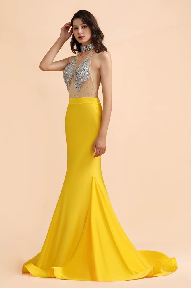 Sexy Yellow Sleeveless Crystals Sheer Tulle Prom Dresses 2021 | Mermaid Formal Evening Gowns