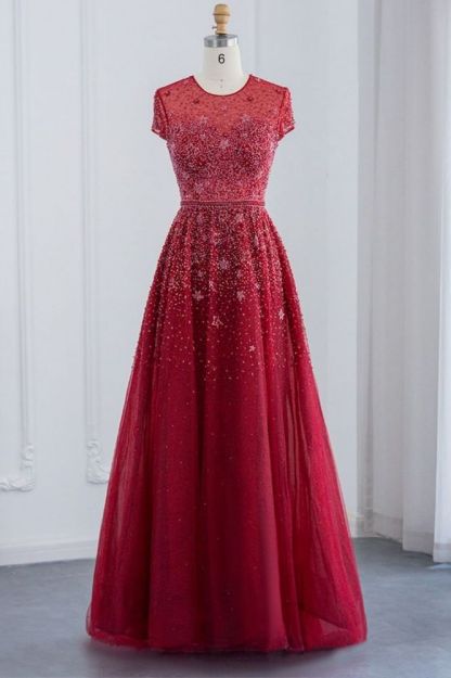 Elegant Jewel Cap Sleeves Formal Dress Shiny Beading Eveing Dress with Zipper