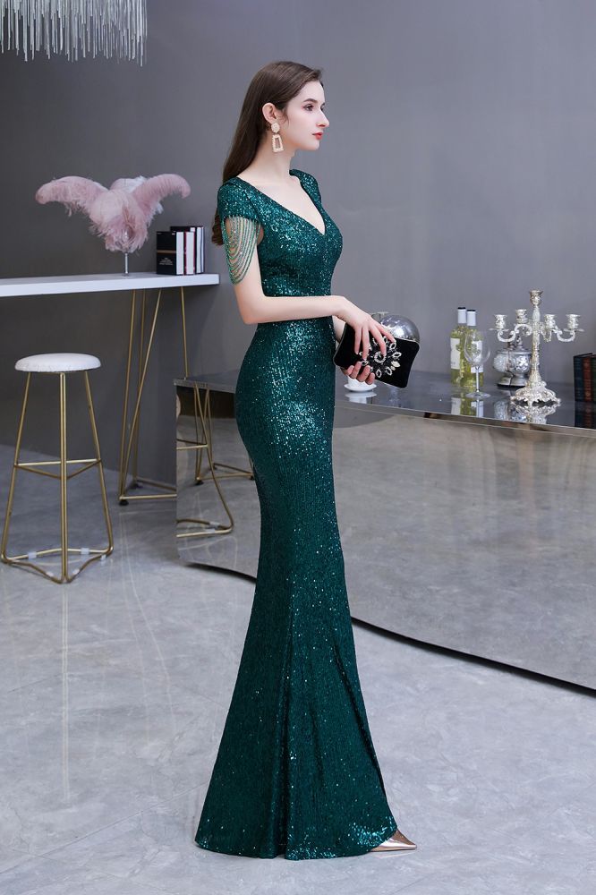 Shining Sequined Emerald Green Mermaid Cap sleeve Long Prom Dress