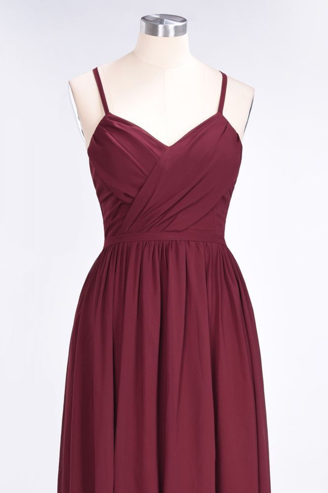 Chiffon A-Line Spaghetti-Straps V-Neck Sleeveless Long Bridesmaid Dress with Ruffles