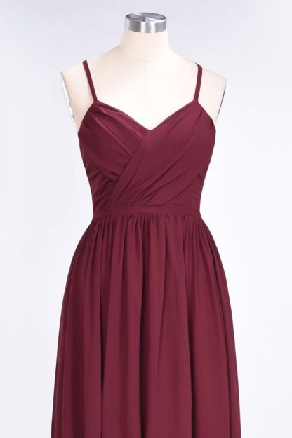 Chiffon A-Line Spaghetti-Straps V-Neck Sleeveless Long Bridesmaid Dress with Ruffles