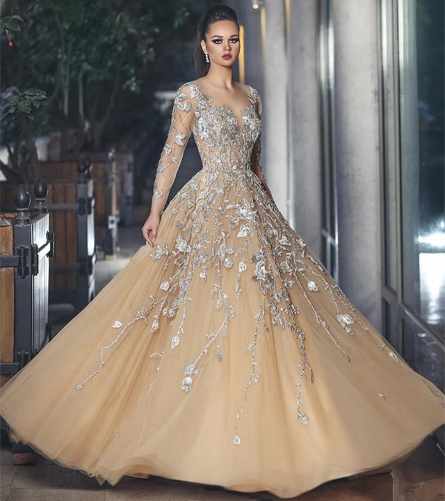 Stunning Illusion Long Sleeve Sexy Evening Gowns | A-line Lace Appliques Tulle Prom Dress
