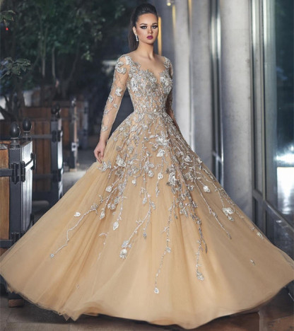 Stunning Illusion Long Sleeve Sexy Evening Gowns | A-line Lace Appliques Tulle Prom Dress
