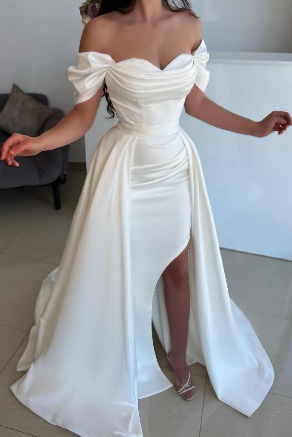 Off the shoulder White satin high split wedding dress with overskirt