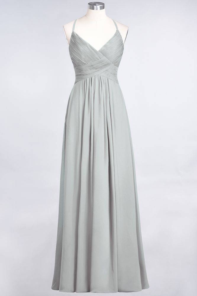 Chiffon A-Line Spaghetti-Straps V-Neck Sleeveless Long Bridesmaid Dress with Ruffles