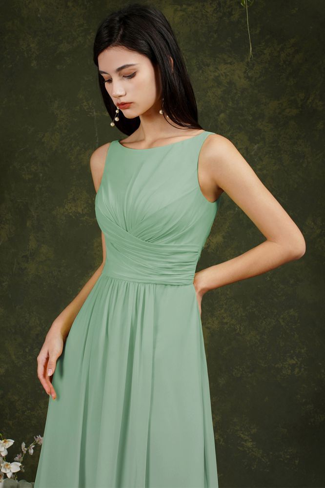 Bateau Ruffles Chiffon Floor-length A-Line Split Bridesmaid Dress With Pockets