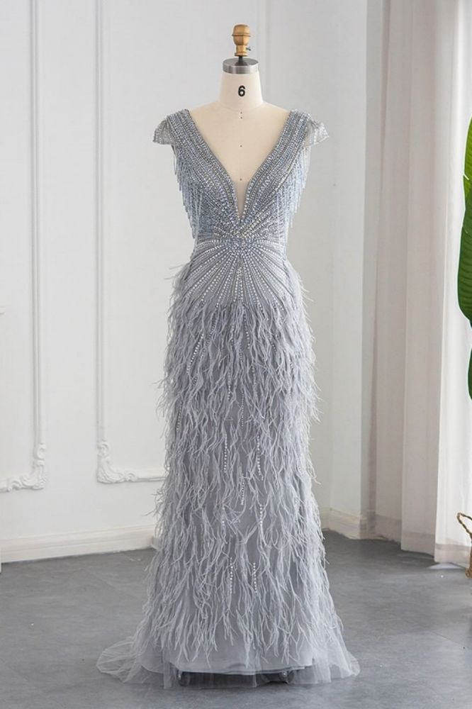 Luxury V-Neck Fur Mermaid Evening Dress for Women Glitter Beadings Cap Sleeves Tassels Long Wedding Party Gowns-Babyonlinewholesale