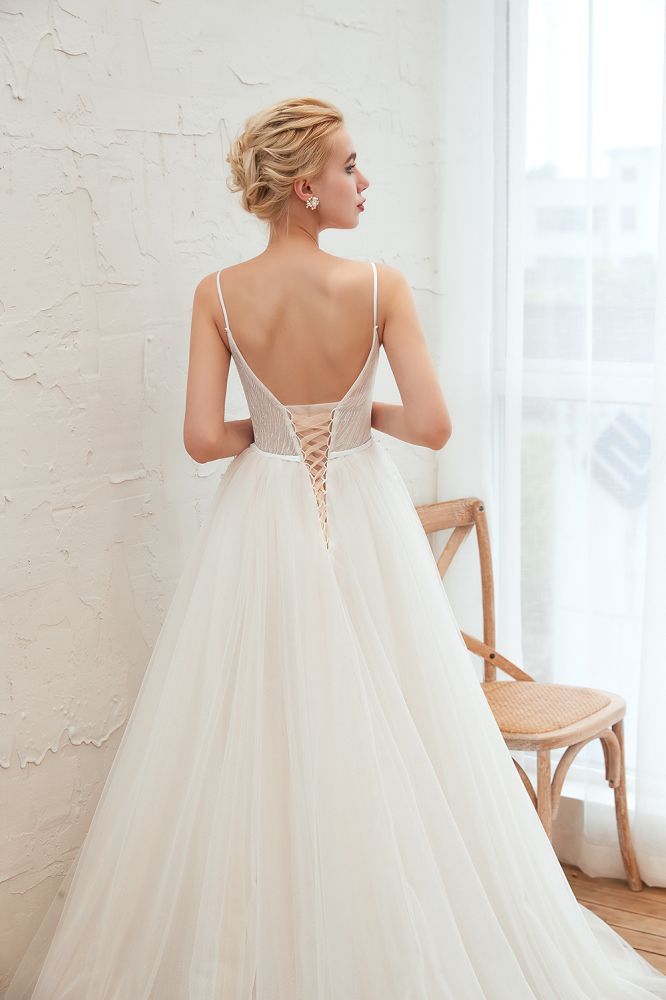 Summer Spaghetti Straps Plunging V-neck Champange Wedding Dress | Sexy Low Back Bridal Gowns Online