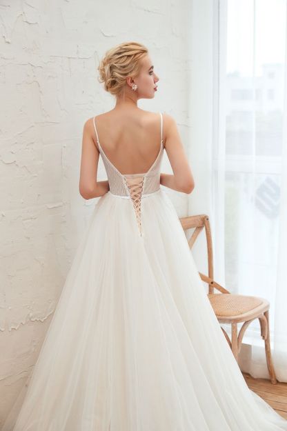 Summer Spaghetti Straps Plunging V-neck Champange Wedding Dress | Sexy Low Back Bridal Gowns Online