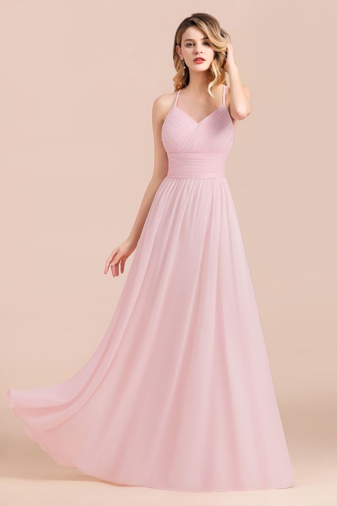 Romantic Spaghetti Straps Pink Chiffon Bridesmaid Dress Aline V-Neck Evening Swing Dress