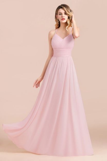 Romantic Spaghetti Straps Pink Chiffon Bridesmaid Dress Aline V-Neck Evening Swing Dress