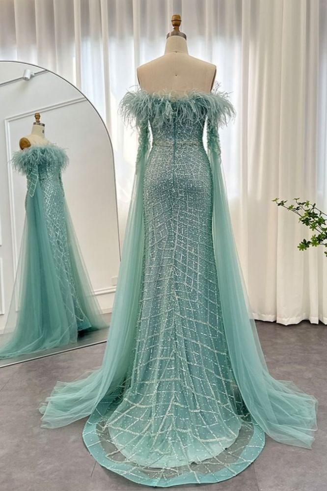 Glamorous Glitter Beading Mermaid Evening Gowns Fur Tulle Long Party Dress with Cape Sleeves
