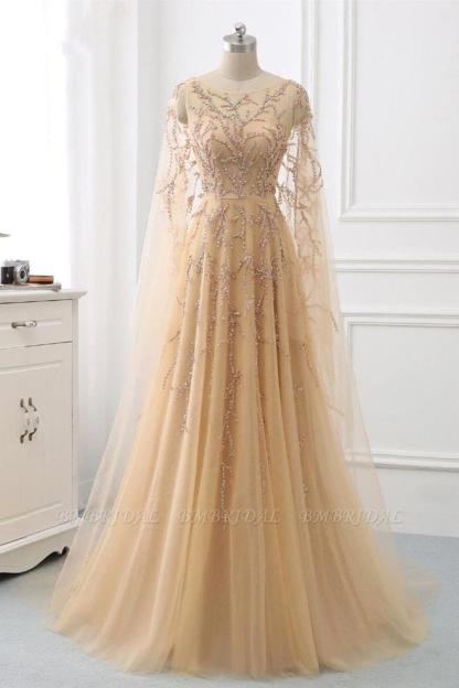 Elegant Jewel Long Sleeves Ruffle Prom Dresses with Beadings Online