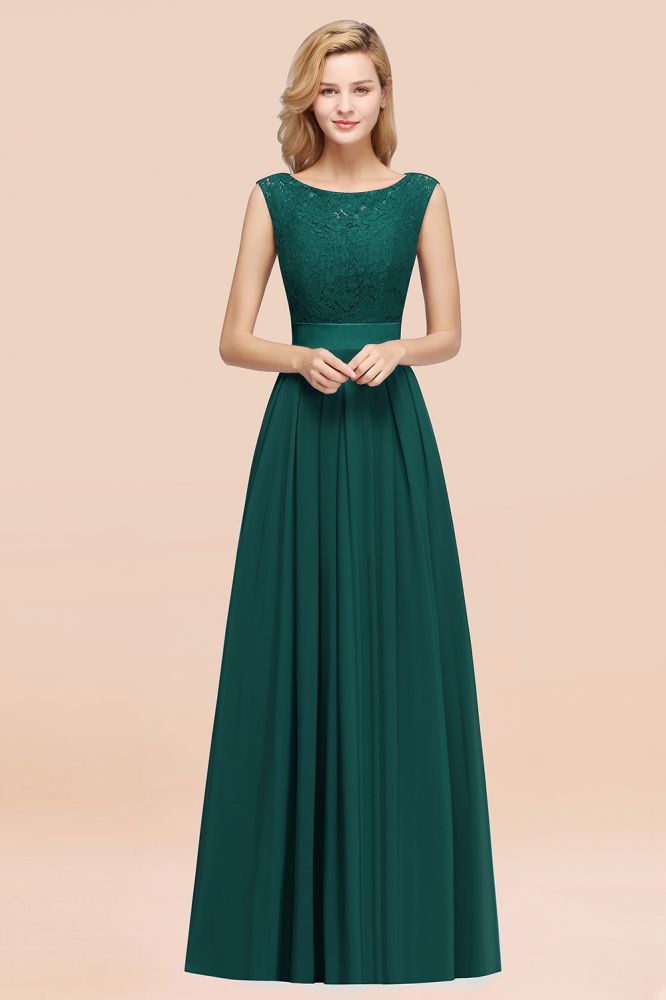 A-line Chiffon Lace Jewel Sleeveless Ruffles Floor-length Bridesmaid Dress