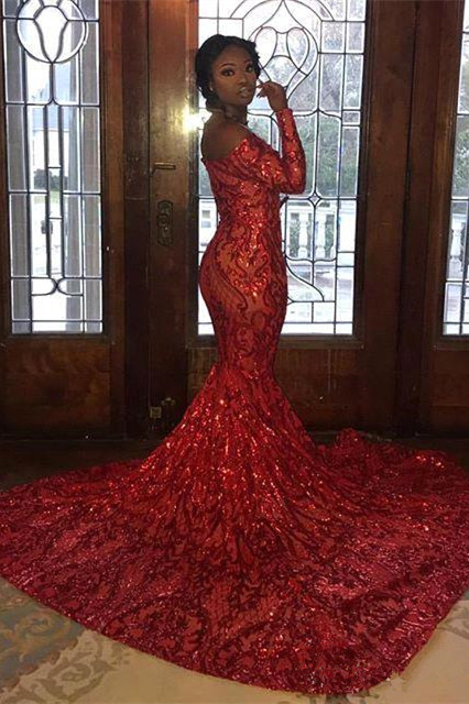 Sparkly Mermaid Off The Shoulder Long Sleeves Prom Dresses | Sequins Party Gowns