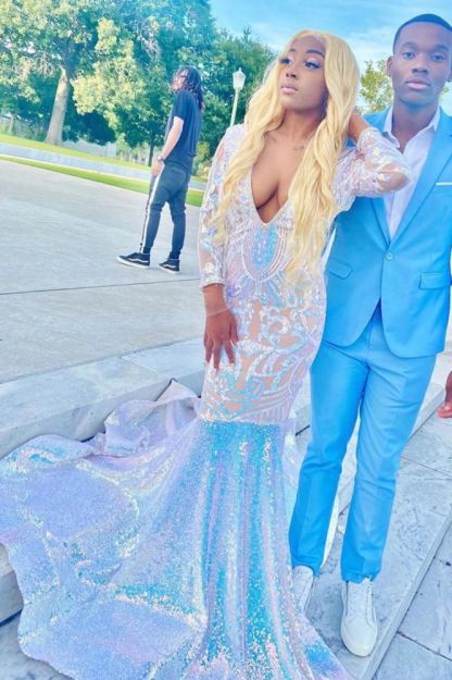 Glitter Long Sleeve Mermaid Evening Gowns Sparkly Prom Dress Sweep Train