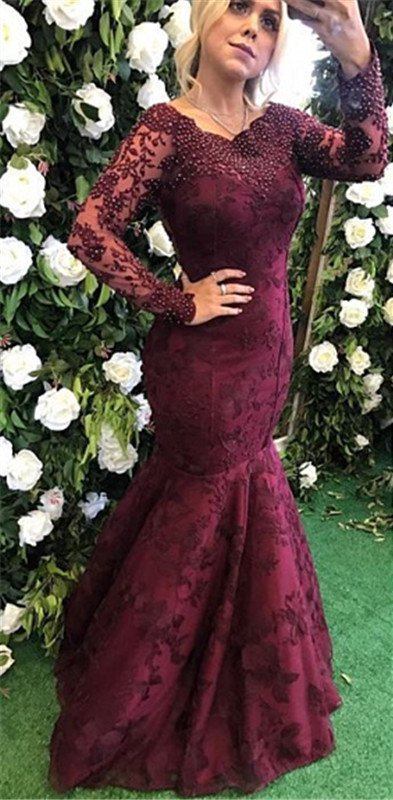 Elegant Long Sleeve Burgundy Evening Dress Mermaid Lace Appliques BMT