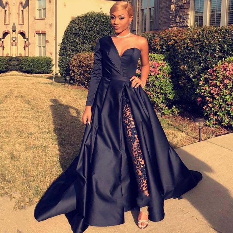 Sexy Asymmetric One Shoulder Satin Prom Dress|Special Style Floor Length Party Dress With Lace Trousers-Babyonlinewholesale