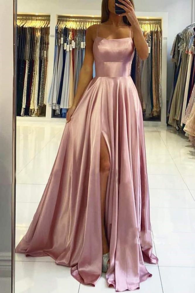 Stunning Spaghetti Straps Satin Evening Dress with Side Slit