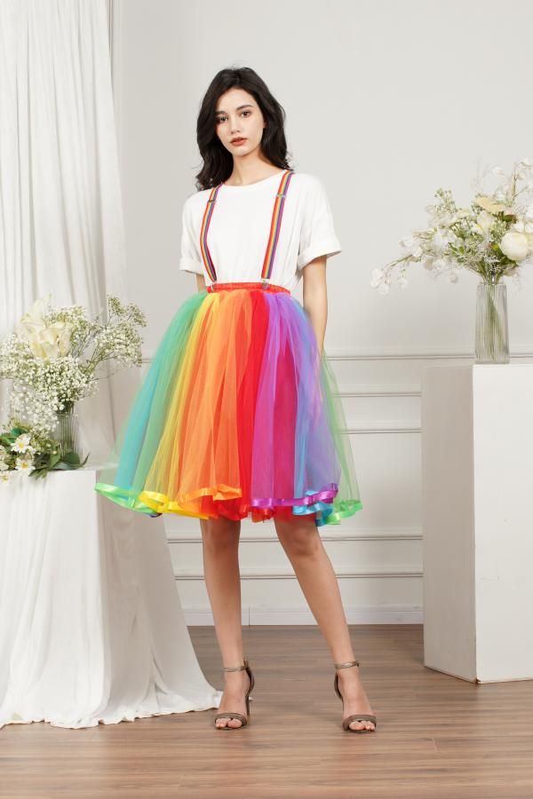Rainbow Knee Length Skirt Layered Tulle Skirt Girls Colorful Costumes
