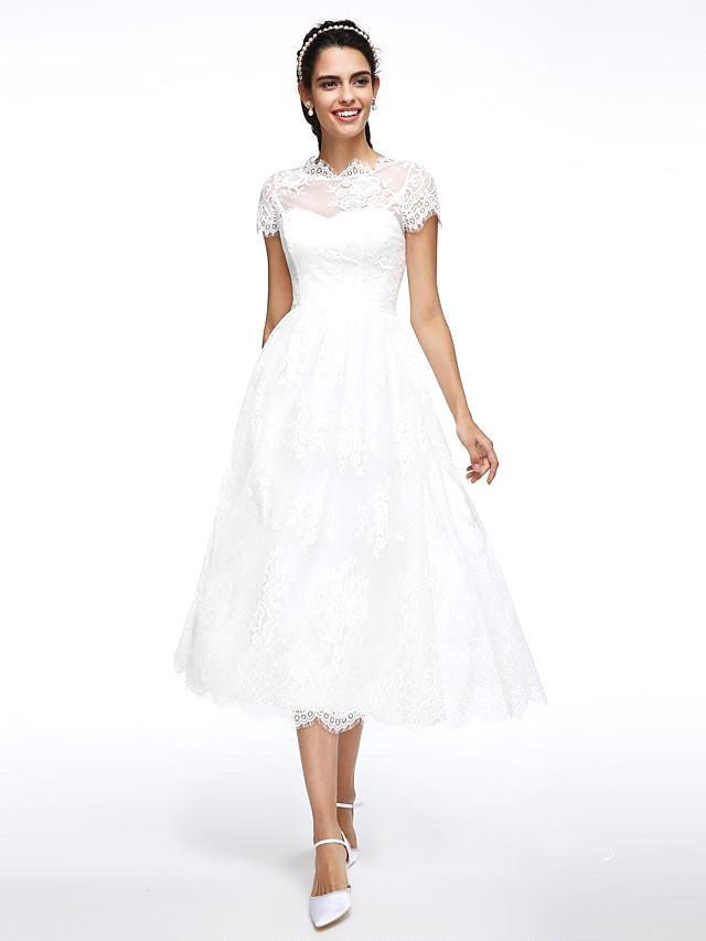 A-Line Wedding Dresses Jewel Neck Tea Length Lace Short Sleeve Simple Casual Illusion Backless
