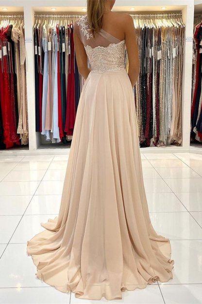 One shoulder Sweetheart Champange Long Prom Dresses