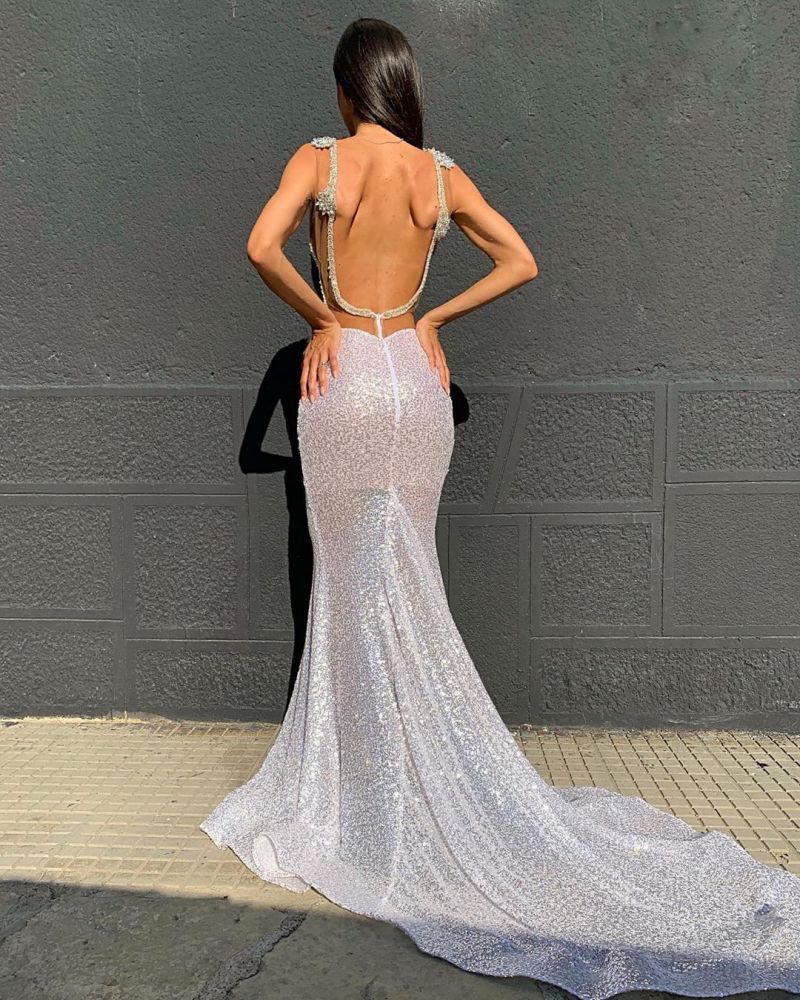 Deep V-neck Sparkling Sequins Beading Sexy Evening Gowns | Backless Mermaid Sleeveless Prom Dresses With Court Train-Babyonlinewholesale