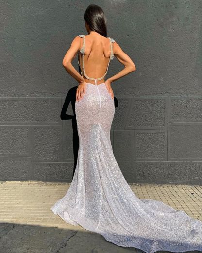 Deep V-neck Sparkling Sequins Beading Sexy Evening Gowns | Backless Mermaid Sleeveless Prom Dresses With Court Train-Babyonlinewholesale