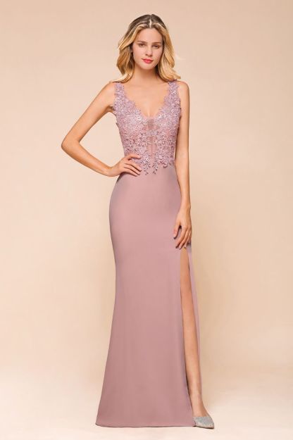 Dusty Pink V-neck Satin Lace Evening Dresses