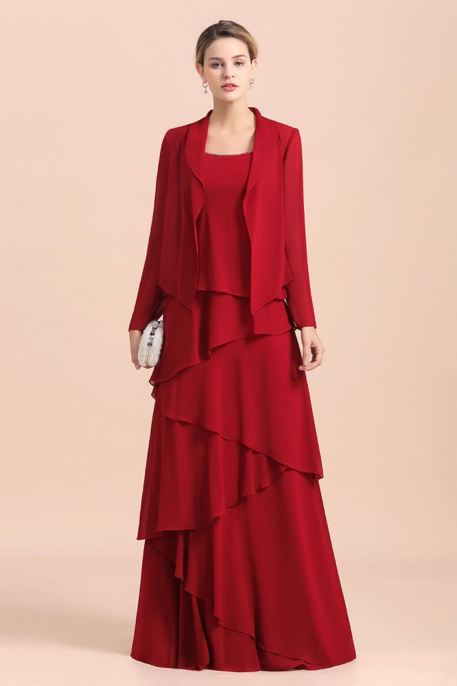 Ruby chiffon two-piece mother of the bride dress with ruffles and long sleeves