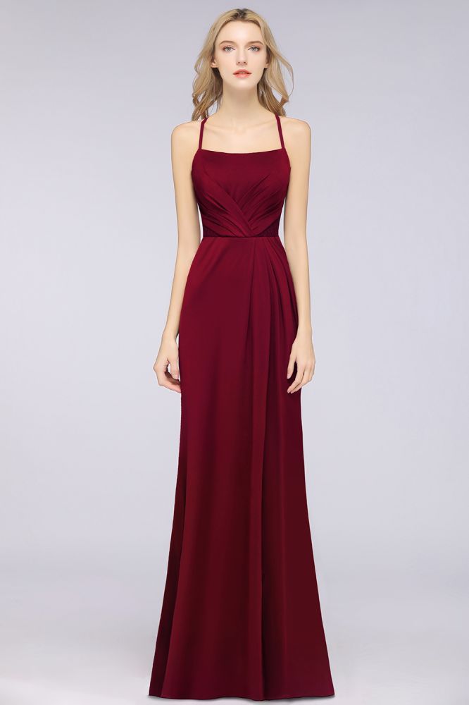 Spandex Lace Mermaid Spaghetti-Straps Sleeveless Long Bridesmaid Dress with Ruffle