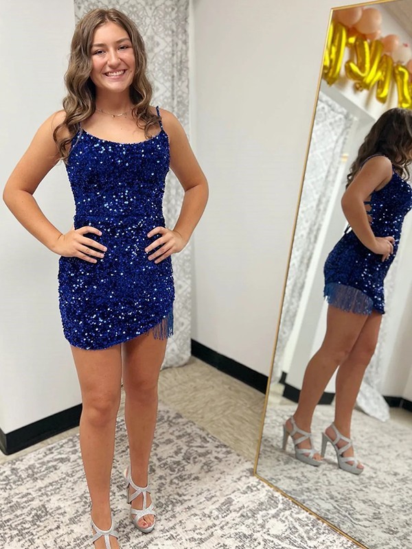 Short/Mini Sheath Sequined Party Dress with Spaghetti Straps Sleeveless