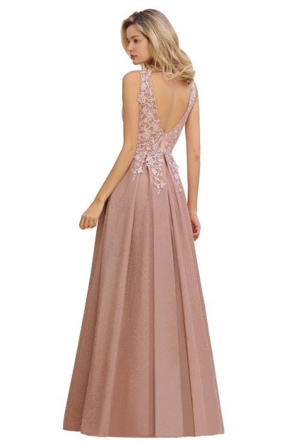 Rebacca | A-Line V-neck Floor-Length Tulle Sequined Prom Dresses