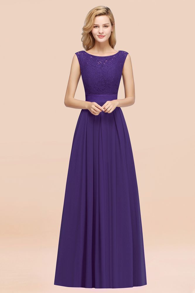 A-line Chiffon Lace Jewel Sleeveless Ruffles Floor-length Bridesmaid Dress
