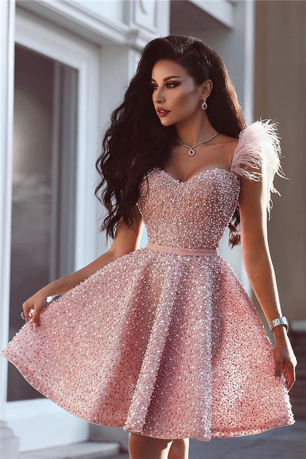 Classic Beading Homecoming Dress Luxury Feather Pink Party Dress