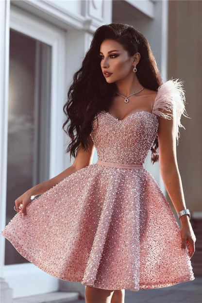 Classic Beading Homecoming Dress Luxury Feather Pink Party Dress